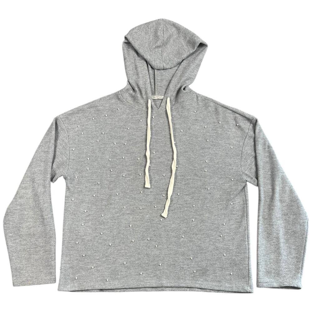 Zara Trafaluc Pearl Stud Hoodie Gray Cropped Sweatshirt Pullover - S